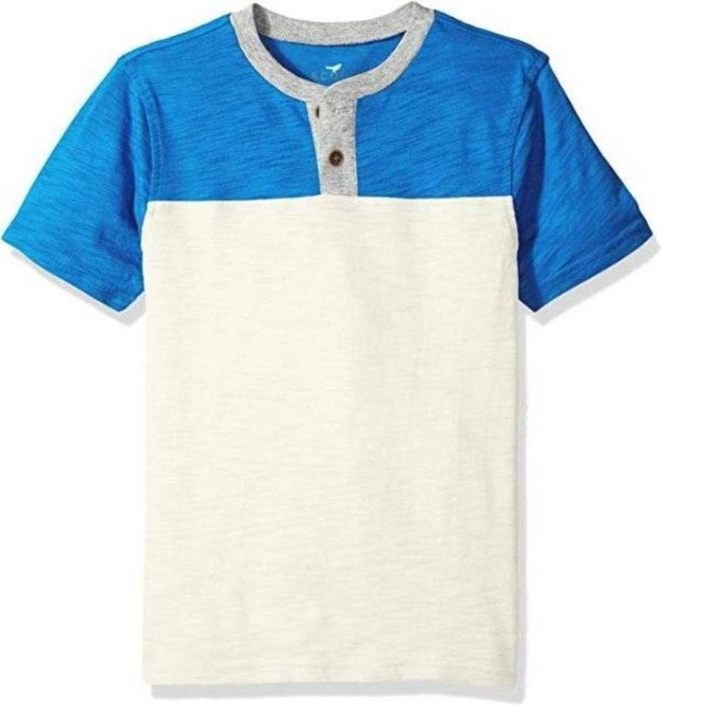 Boys Henley Shirt Scout & Ro 12 Blue & Ivory Short Sleeve 2 Button Relaxed